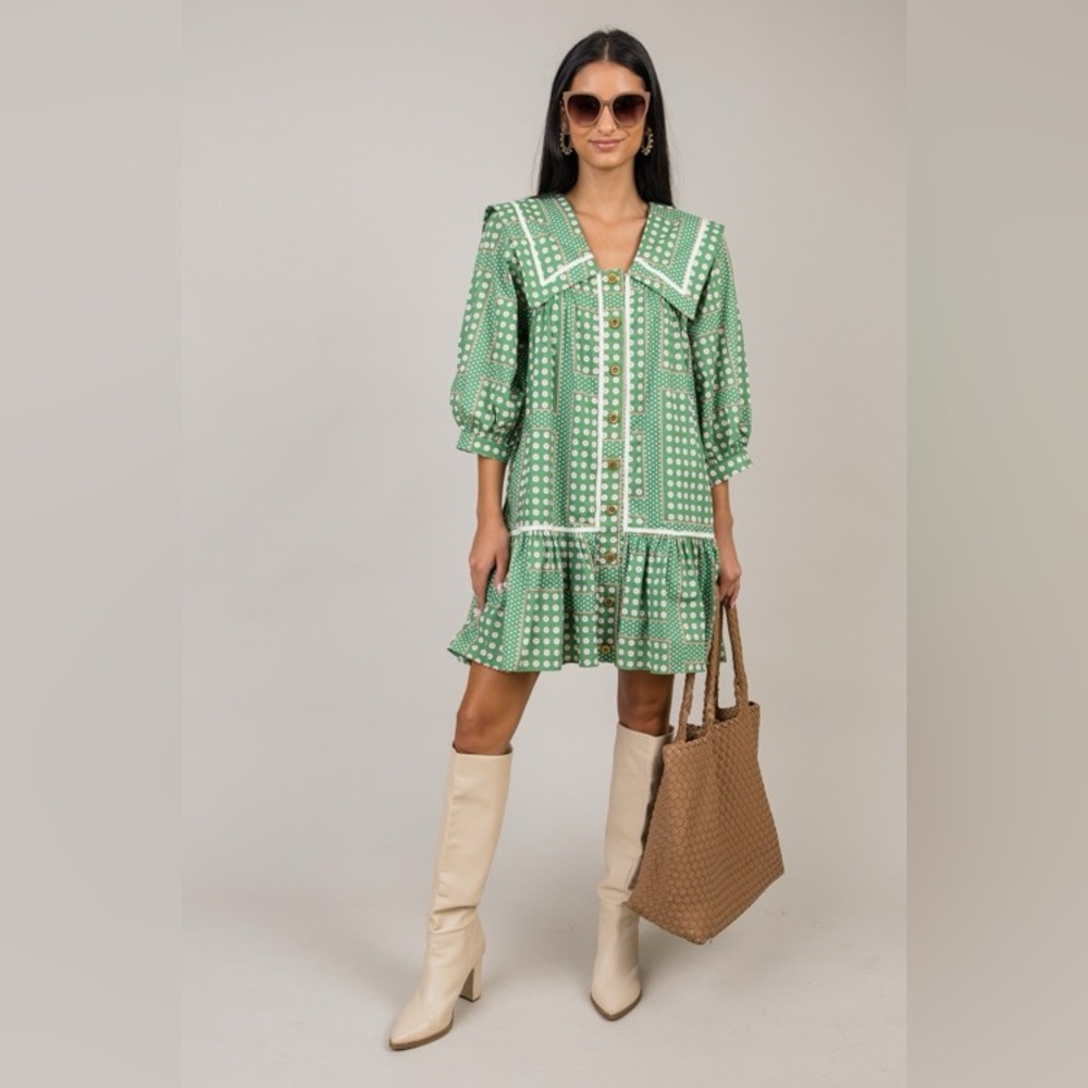 entro Green Printed Mini Dress with White Accents